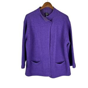 Eileen Fisher Purple Lambs Wool Blend Funnel Neck Overlap Cardigan Sweater